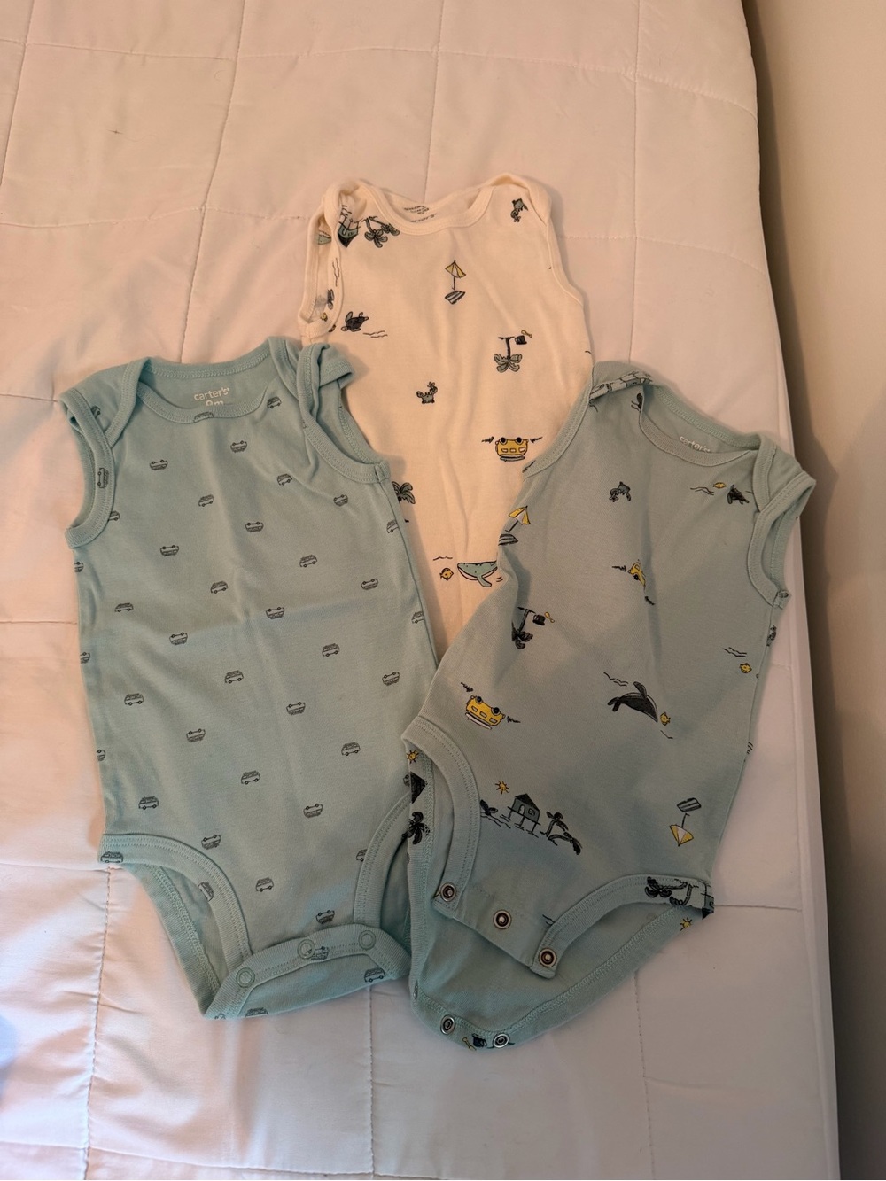 Carter's Sleeveless Baby Bodysuits - Light Blue & Cream - 3 Pack